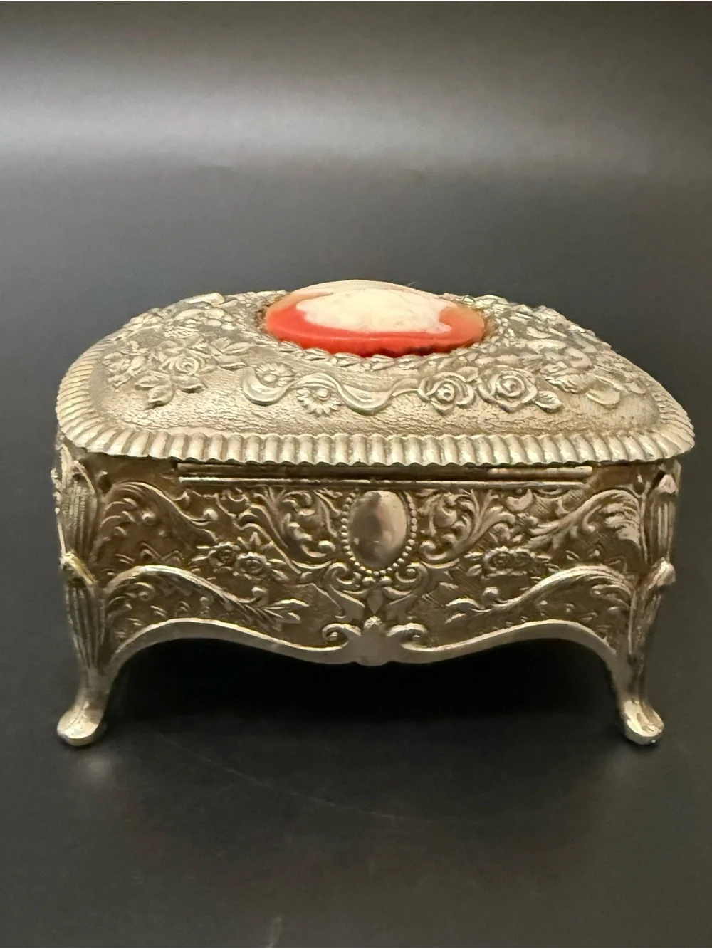 Vintage Victorian Revival Cameo Silver-plated Ornate Footed Trinket Jewelry Box